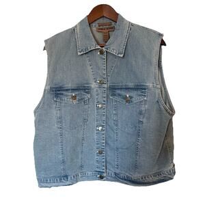 Jones New York Light Wash Denim Vest Button Front Sleeveless Pockets 16W